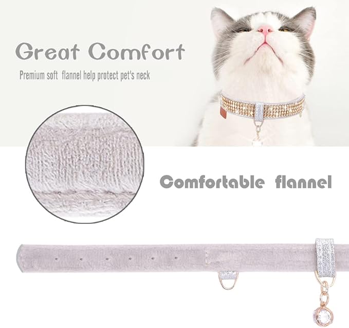 PetsHome Cat Collar, Dog Collar, [Bling Rhinestones] Premium PU Leather with Pendant Adjustable Collars for Cat and Small Dog Extra Small Silvery