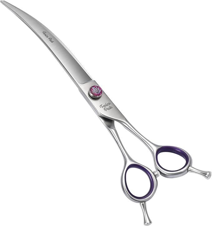 Fenice Peak 8'' Curved Dog Grooming Scissors Professional 440C Stainless Steel Pet Trimming Shears with Decorative Screw and Offset Handle Sharp and Durable