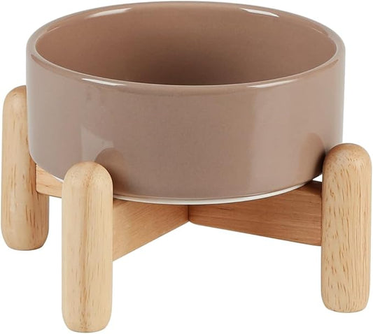 Ceramic 5.1inch Raised Dog and Cat Bowl Set, Elevated with Wooden Stand, Food and Water Bowl for Small Breed Dogs, Cats, Kitty, Weighted Dog Dishes, Pet Bowls(13.5oz, Brown Coffee)