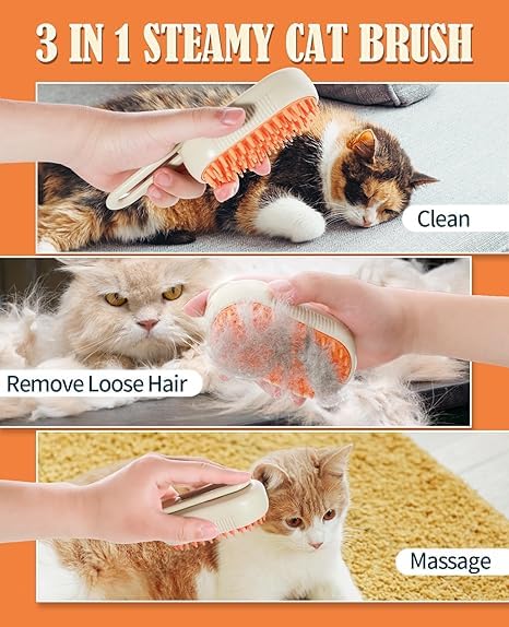 Cat Steam Brush for Shedding - 3 in 1 Steam Cat Brushes for Grooming and Massage - Adjustable Pet Brush with Steam for Dogs, Removing Tangled and Loose Hair (Beige)