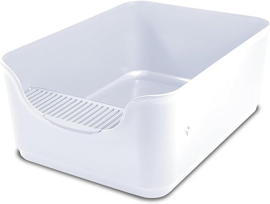 Large Cat Litter Box with High Sides and Low Entry,Open Top Litter Pan with Litter Trapping Pedal for Indoor Big Cats,Kittens and Multicat Homes,Easy to Clean,Anti-Urine Leakage (White)