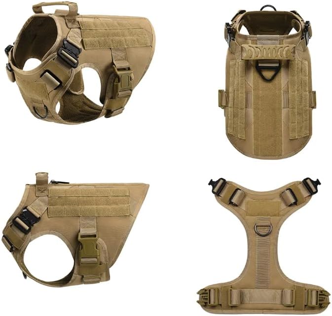 Tactical Dog Harness with Handle, Collar & Leash Set – No Pull Dog Vest with Adjustable Buckles, Reflective Patches & Heavy-Duty Nylon for Medium Dogs (Khaki)