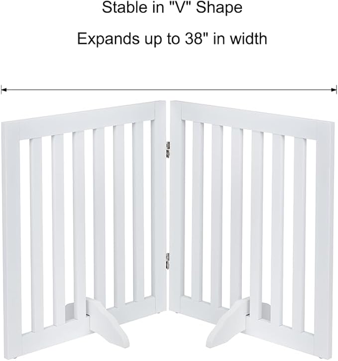 unipaws 24”H Free Standing Pet Gate for Dog Cat, Wooden Dog Gates for Doorway, Stairs, Step Over Foldable Pet Fence for The House, Expandable Doggy Barrier, Indoor Use, White