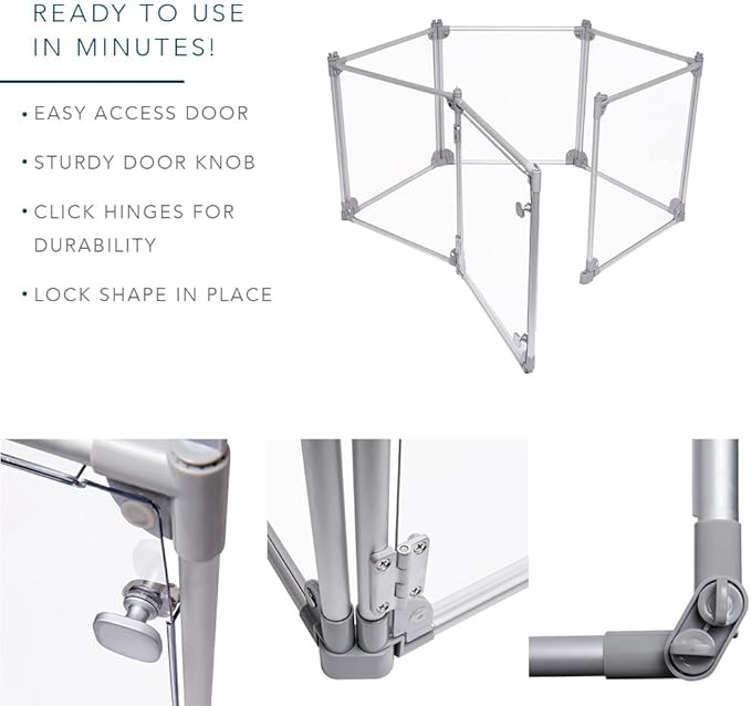 Front Row Foldable Dog Playpen – Durable and Portable Puppy Playpen for Exercise, Rest & Play – Clear Fence Panels with Aluminum Rods and Crate for Dogs and Other Small Pets (Silver, 6-Panel)