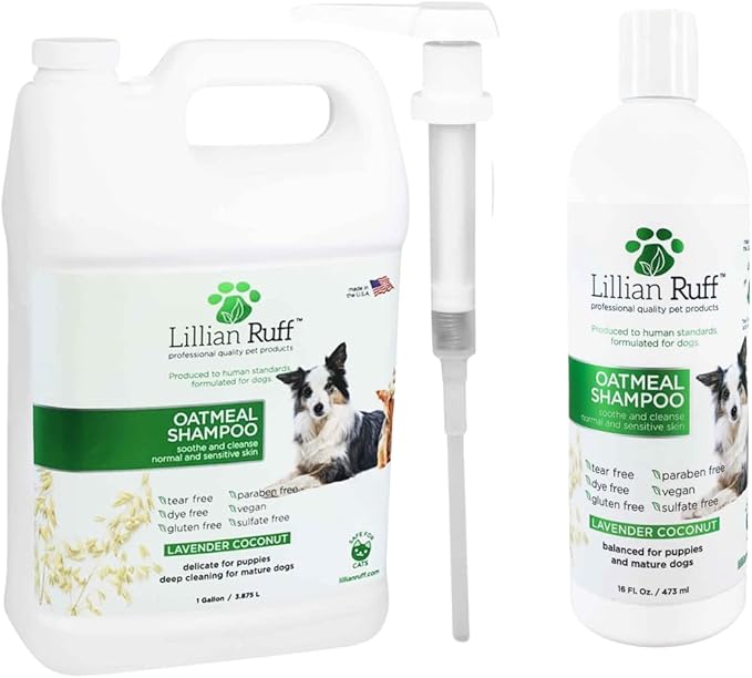 Lillian Ruff PRO Formula Deodorizing Oatmeal Dog Shampoo - Calms Itching & Allergies, Ultra-Nourishing Dry Skin Relief - Oatmeal, Aloe, Coconut Oil, Lavender & Provitamin B5 - Made in USA Gallon+Pump