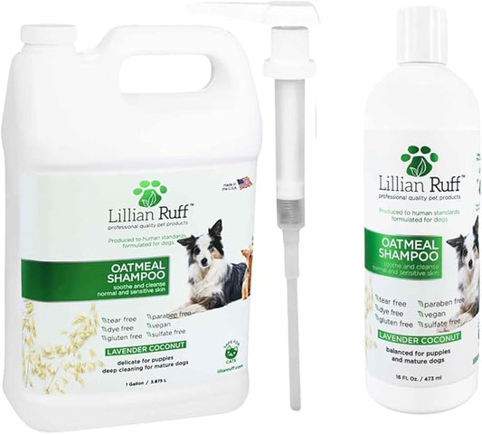 Lillian Ruff PRO Formula Deodorizing Oatmeal Dog Shampoo - Calms Itching & Allergies, Ultra-Nourishing Dry Skin Relief - Oatmeal, Aloe, Coconut Oil, Lavender & Provitamin B5 - Made in USA Gallon+Pump