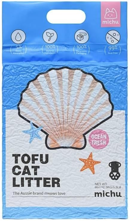 Michu Tofu Cat Litter Natural Clumping Tofu Cat Litter, Fast Clumping and Easily Scoop-able 5.5lb/88oz 5 Scents - Ocean Fresh, 6 Pack