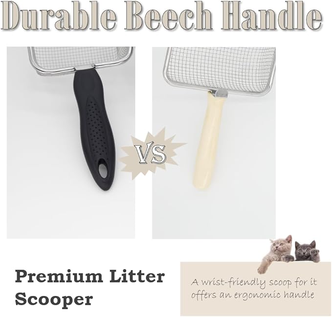 Fine Cat Litter Scoop, Stainless Steel Mesh Scooper, Kitty Metal Scooper for Litter Box Kitten Pooper, Wide Rabbit Poop Lifter with Beech Handle