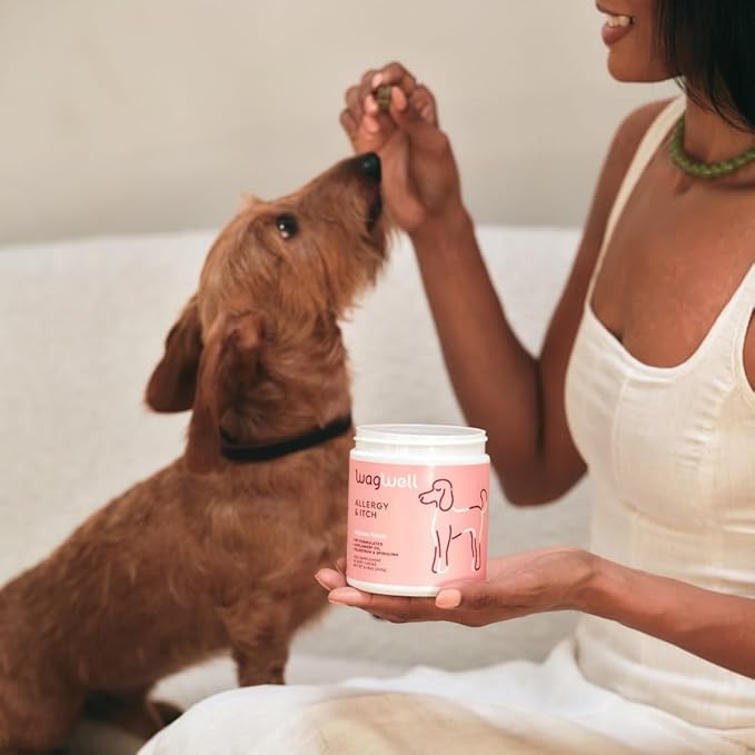 WagWell Allergy and Itch Chews – Chicken Flavored – Plant Based with Colostrum and Spirulina – Dog Skin and Coat Supplement for Itch Relief and Digestive Health, 60 Chews