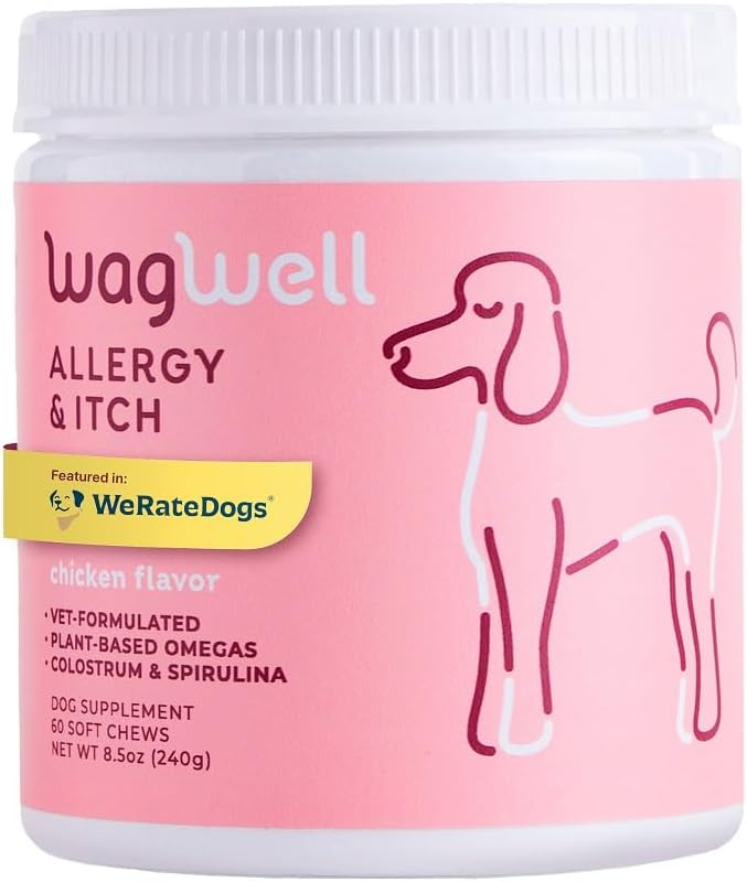 WagWell Allergy and Itch Chews – Chicken Flavored – Plant Based with Colostrum and Spirulina – Dog Skin and Coat Supplement for Itch Relief and Digestive Health, 60 Chews