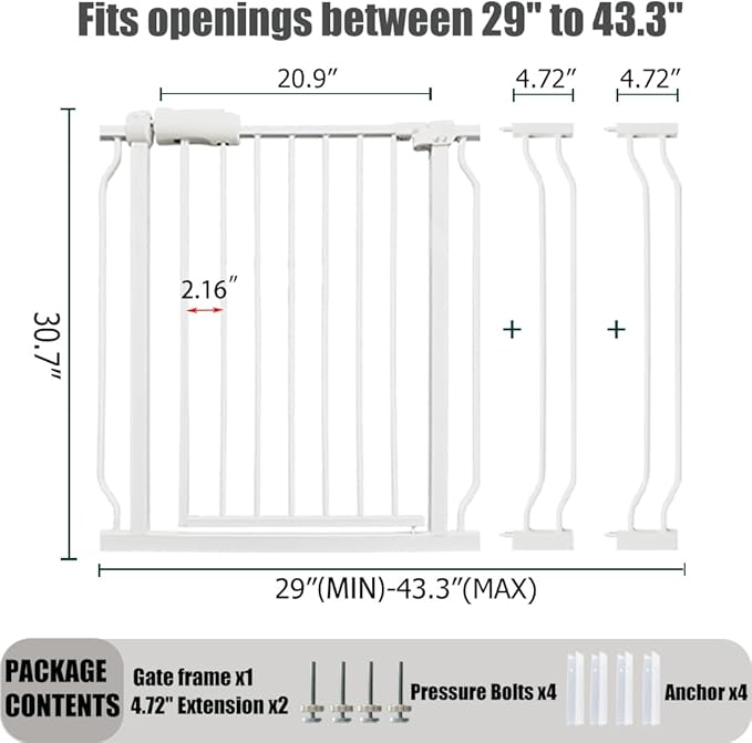 Walk Through Expandable Baby & Dog Gate 38.5-43.3 Inch for Kids & Pets, Tension Mounted Indoor Safety Gate for Large Openings - White Metal, 30 inches Tall