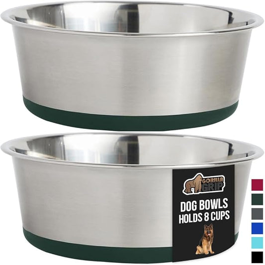 GORILLA GRIP Set of 2 Dog Bowls, Holds 8 Cups (64 fl oz), Heavy Duty Metal Food and Water Bowl for Feeding Dogs and Cats, Dishwasher Safe, Rust Resistant Stainless Steel, BPA Free Rubber Base, Green