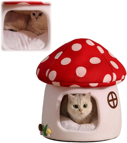 Cute Cat Bed Cave for Indoor Highland Mushroom Shaped Pet Plush House Self-Warming Nest Small Dogs Rabbits with Removable Cushion for Puppy Bed with Hanging Toy (Red Mushroom)