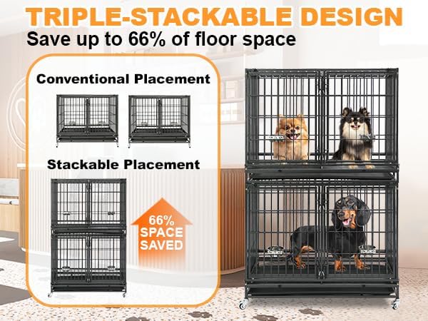 Homey Pet 43 Inch Two Tiers Dog Crate Cage Kennel with Divider, Stackable Heavy Duty Dog Crate for Large Dogs, Escape Proof Indestructible Dog Kennel Indoor with Removable Tray, Lockable Wheels
