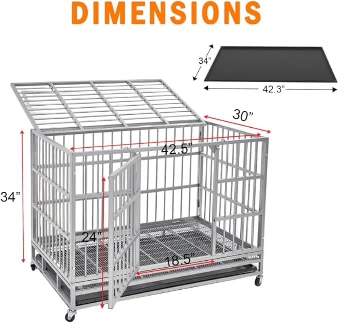 54/48/42/38 inch Heavy Duty Indestructible and Escape-Proof Dog Crate Cage Kennel for Large Dogs, High Anxiety Dog Crate with Removable Wire Trays and Wheels, Extra Large XL XXL, Silver