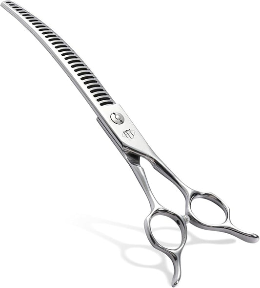 Professional Dog Grooming Scissors, 85% Thinning Rate, 25° Curved Blade, JP440C Steel, 7.0" Ergonomic Handle