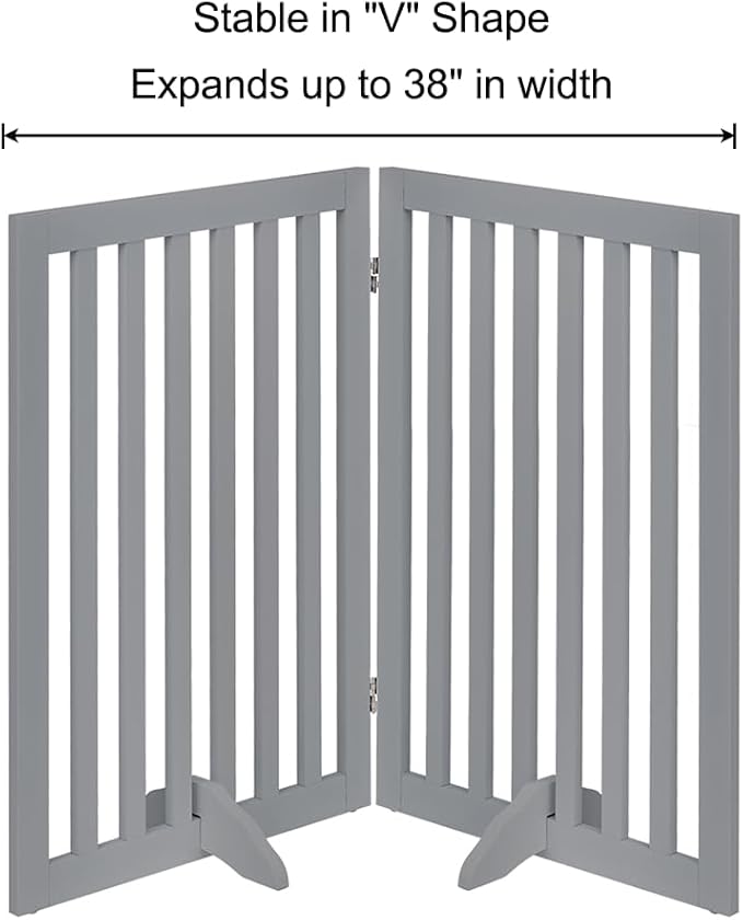unipaws 36”H Free Standing Pet Gate for Dog and Cat, Wooden Dog Gates for Doorway, Stairs, Room Divider, Step Over Foldable Pet Fence for The House, Expandable Barrier, Indoor Use, Grey