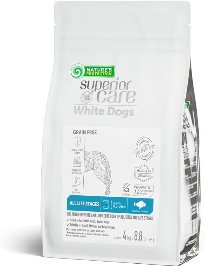 Nature's Protection Superior Care White Dogs Grain-Free Dry Dog Food - High Protein, Tear Stain Dog Food for All Breeds Light Coated All Life Stages Dogs, Fresh Pet Meal, White Fish, 8.8 lb