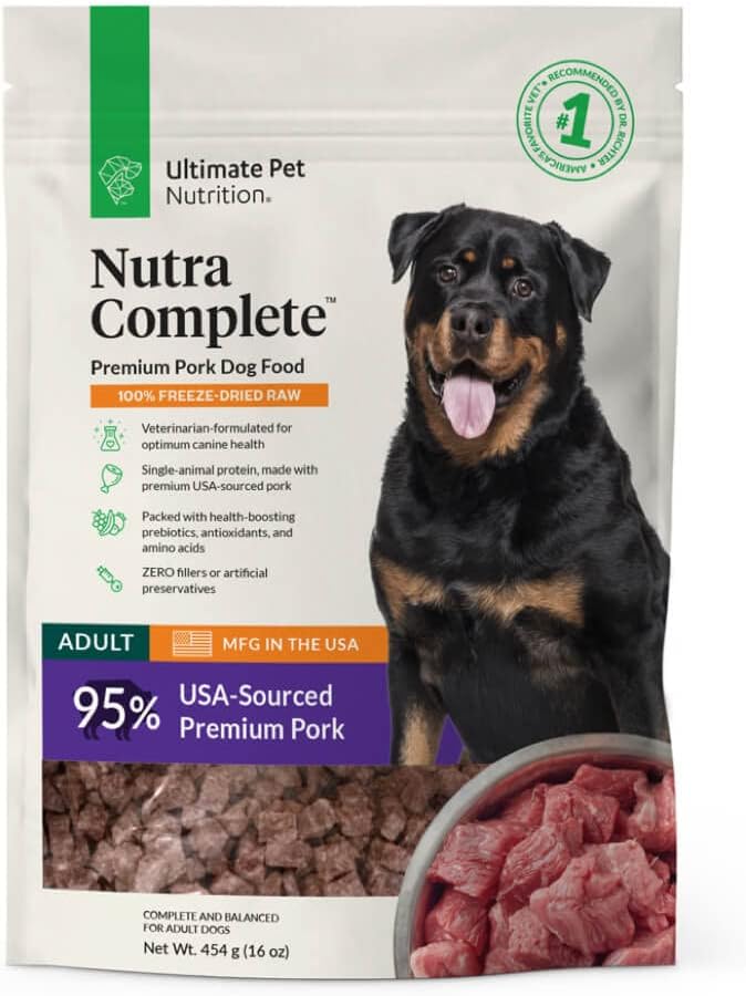 ULTIMATE PET NUTRITION Nutra Complete Freeze Dried Raw Dog Food, Veterinarian Formulated with Antioxidants, Prebiotics & Amino Acids (1 Pound, Pork)