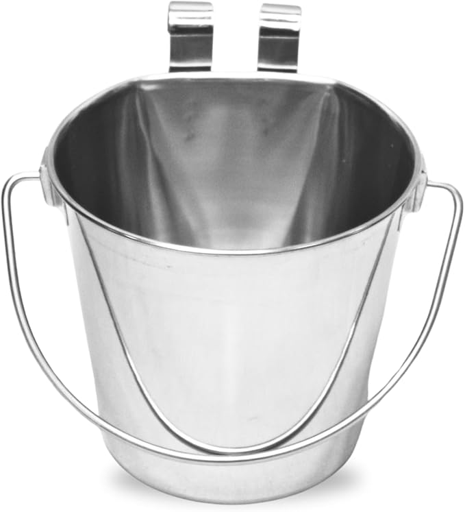 4 Quart Stainless Steel Flat Sided Pail with Dual Hooks | Hanging Bucket for Dogs, Cats, Goats & Livestock | Durable Food & Water Bowl Fits Kennels, Crates & Cages | Multipurpose Use