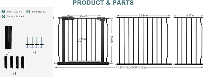 Extra Wide Baby Gate Tension Indoor Safety Gates Black Metal Large Pressure Mounted Pet Gate Walk Through Long Safety Dog Gate for The House Doorways Stairs (71.65"-76.38"/182-194CM, Black)