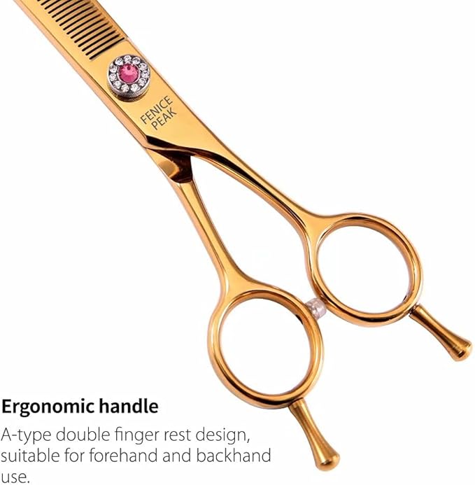 Fenice Peak Professional Dog Grooming Scissors Pet Curved Thinning Shears 7.0'' Extremely Sharp Blades 440C Steel Thinning Scissors Durable Smooth Motion & Fine Cut for Dogs and Cats(Gold)