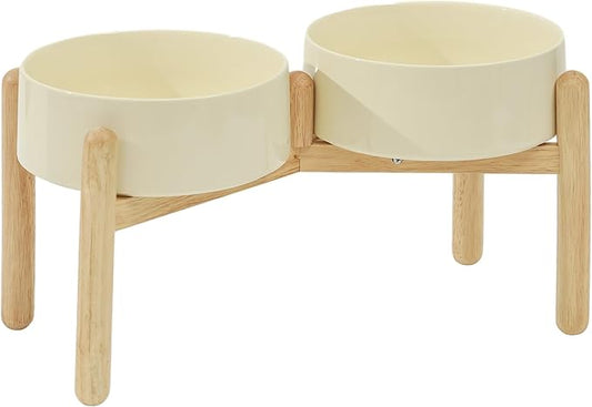 Ceramic 8.2inch Raised Dog Bowl with Stand for Large- Breed Dogs, Pet Food and Water Feeder (Double Bowl with Stand - Beige)