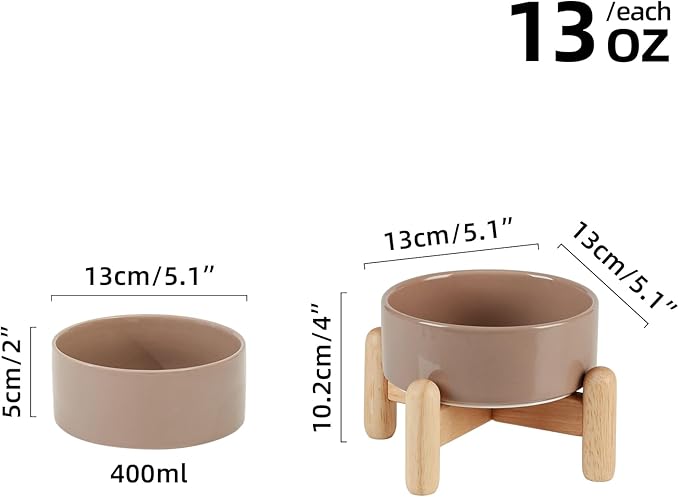 Ceramic 5.1inch Raised Dog and Cat Bowl Set, Elevated with Wooden Stand, Food and Water Bowl for Small Breed Dogs, Cats, Kitty, Weighted Dog Dishes, Pet Bowls(13.5oz, Brown Coffee)