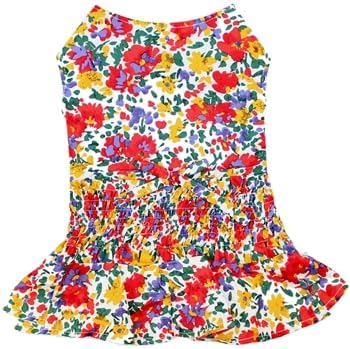 Parisian Pet Floral Printed Summer Dress - 100% Cotton Breathable Ruched Waist Dog Clothes - Beach Outfit - Cat Apparel - Dresses for Small Dogs Girl - 3XL