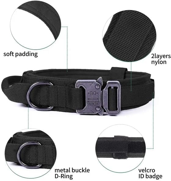 Tactical Dog Harness with Handle, Collar & Leash Set – No Pull Dog Vest with Adjustable Buckles, Reflective Patches & Heavy-Duty Nylon for Medium Dogs (Black)