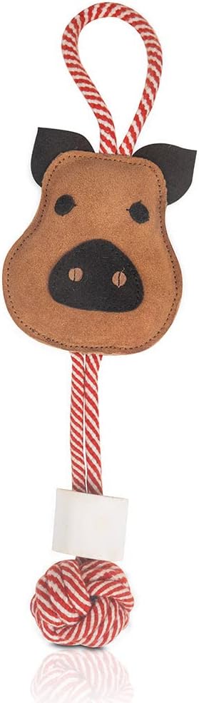 Natural Suede Leather & Rope Chew Toy with Bone for Medium to Large Dogs (Pig Shape)