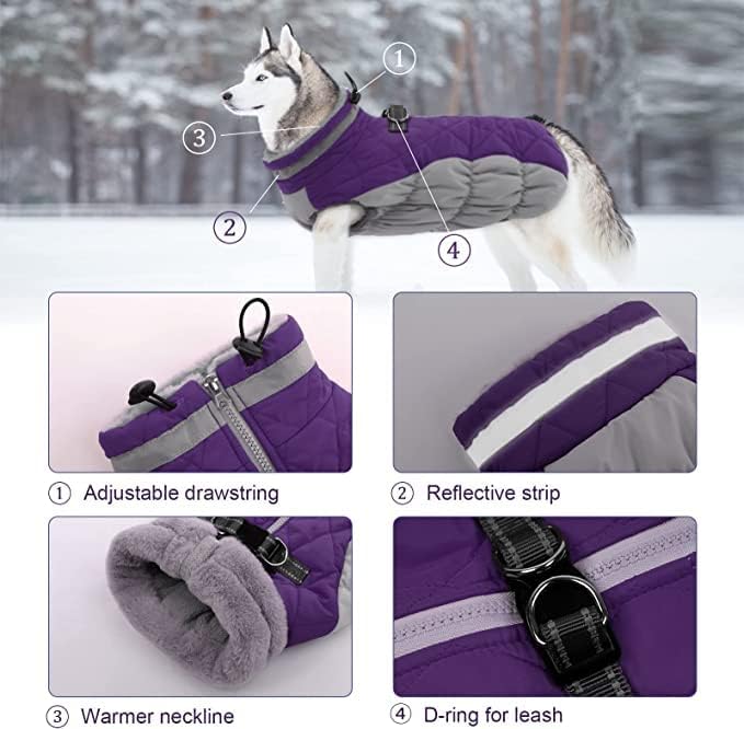 Lelepet Dog Coat Warm Dog Winter Coat Waterproof Dogs Jacket with Harness Built in Reflective Pet Fleece Vest Zip-Up Cold Weather Coats for Medium Dogs Turtleneck & Windproof Coats Dachshund Purple M