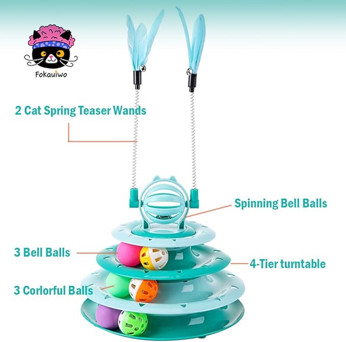 Kitten Toys, Interactive Cat Puzzle Toys for Indoor Cats, Cat Tower with 2 Kitty Teasers and Ball Track (Green)