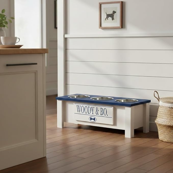 GrooveThis Woodshop - Personalized Elevated Triple Dog Bowl Stand for Large, Medium, Small, X-Small Dogs - 3 Stainless Steel Food and Water Bowls - Raised Dog Dish with Internal Storage (Medium, Blue)