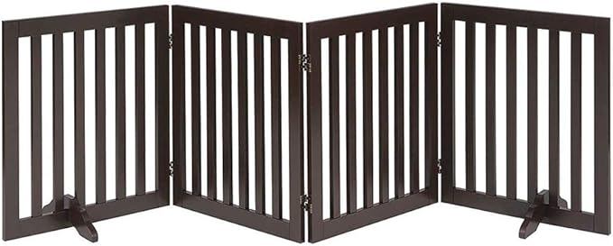 unipaws 24" H Free Standing Pet Gate for Dog Cat, Wooden Dog Gates for Doorway, Stairs, Step Over Foldable Pet Fence for The House, Expandable Dog Barrier, Indoor Use, Espresso