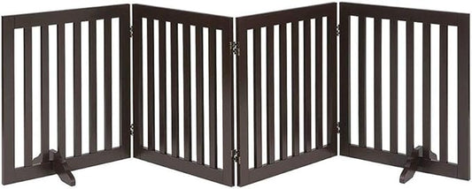unipaws 24" H Free Standing Pet Gate for Dog Cat, Wooden Dog Gates for Doorway, Stairs, Step Over Foldable Pet Fence for The House, Expandable Dog Barrier, Indoor Use, Espresso