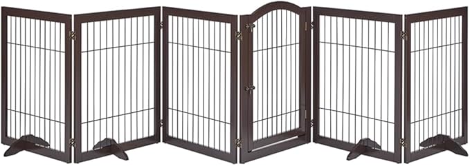 unipaws 144" Extra Wide Dog Gate and Playpen, Free Standing 31.5" Tall Pet Fence with Walk Through Door, Barriers for Home, Use as Indoor Dogs Cats Rabbit Pen, Espresso