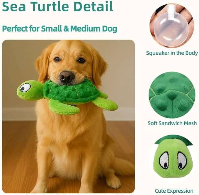 Squeaky Sea Turtle Plush Dog Toy – Durable, Stuffing-Free Interactive Chew Toy for Small Dogs – Relieves Anxiety & Teething – Keeps Puppies Busy, No Mess, Perfect for Indoor Play (Green)