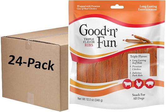 Good ‘n’ Fun Triple Flavor Ribs Chews for All Dogs, Treat Your Dog to Long-Lasting Chews Made with Beef Hide, Chicken and Pork Hide, 12 Ounces