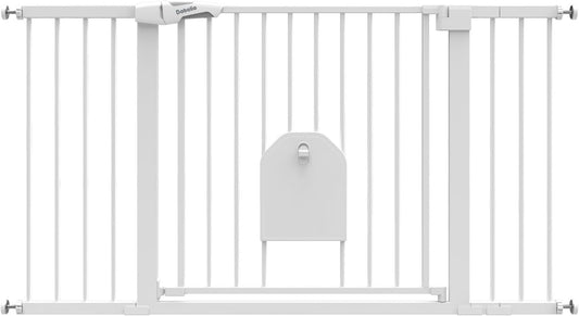 Babelio 36-56" Extra Wide Auto Close Baby Gate with Cat Door, Pet Gate Indoor with Extra Wide Walk Thru Door, Metal Dog Gate for Doorway, Stairs, Includes 4 Wall Cups and 3 Extension Pieces, White