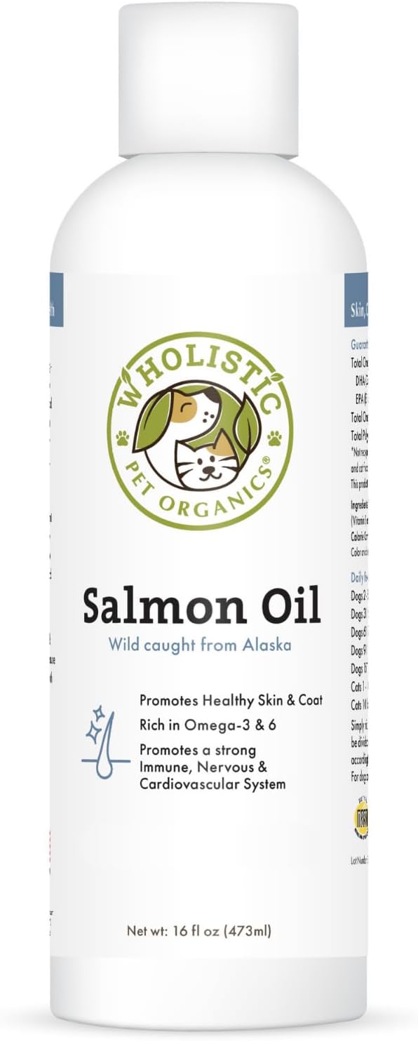 Wholistic Pet Organics Salmon Oil: Deep Sea Wild Alaskan Salmon Oil for Dogs and Cats - Natural Omega 3 Dog Fish Oil Supplement with EPA and DHA for Skin, Coat, Heart and Nervous System Health