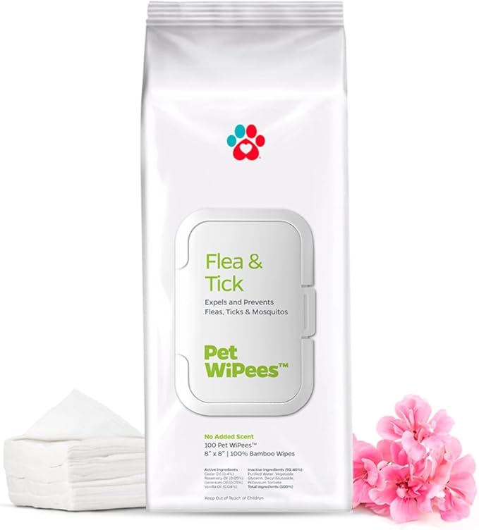 Flea & Tick Pet WiPees™ – 100 Natural Flea and Tick Prevention for Dogs & Cats, 99% Bio-Based, Lick-Safe, Daily Plant-Powered Flea & Tick Wipes for Bug Defense & Skin Relief