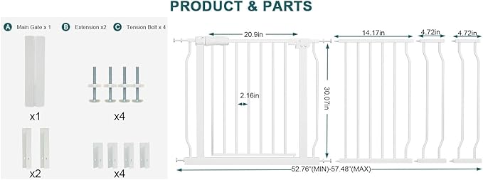 Extra Wide Baby Gate Tension Indoor Safety Gates White Metal Large Pressure Mounted Pet Gate Walk Through Long Safety Dog Gate for The House Doorways Stairs (52.76"-57.48"/134-146CM, White)