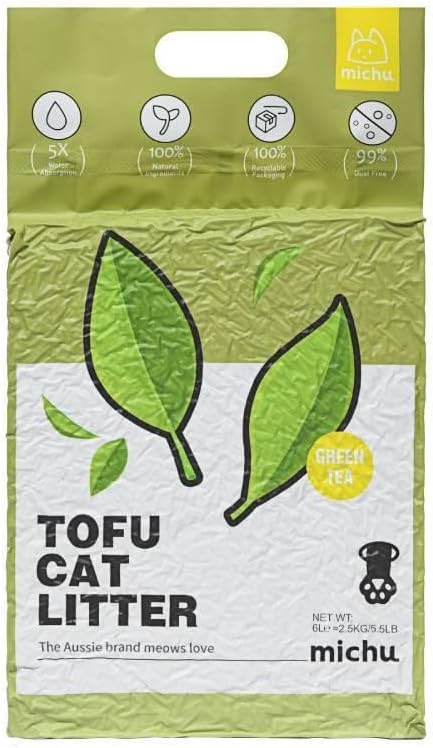 Michu Tofu Cat Litter Natural Clumping Tofu Cat Litter, Fast Clumping and Easily Scoop-able 5.5lb/88oz 5 Scents - Greentea, 4 Pack