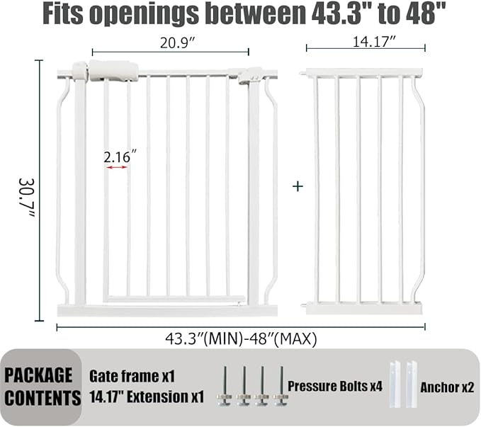 Extra Wide Baby Gate - 43.3-48 Inch Tension Mounted Safety Child & Pet Gate - White Metal - Walk Through - Long - for House Doorways & Stairs