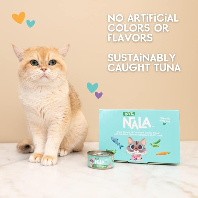 LOVE, NALA - Natural Adult Cat Wet Food - FLAKED Tuna with Carrot & Green Pea in Broth - Grain Free, Non-GMO, Lean Protein, Added Minerals & Vitamins - 12 Pack, 2.4 lbs.