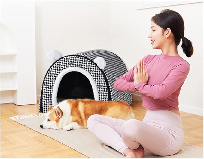 Dog Bed or Cat Bed,2 Ways to Use,Indoor Pet House with Fluffy Mat,Removable and Washable Cover,Non-Slip Bottom,for Medium Dogs and Cats(L Black Cranes)