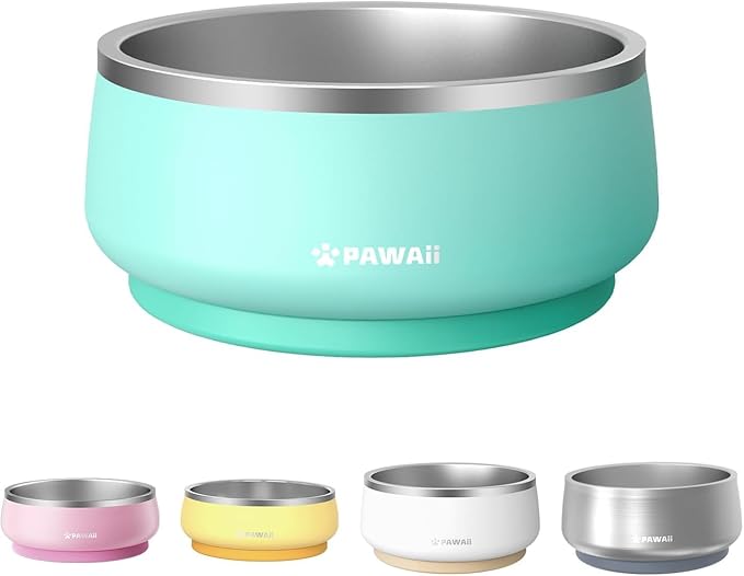 Pawaii Stainless Steel Dog Bowl with Non-Slip Rubber Base & Double Wall Insulation - Durable Design | Includes ID Tag | Dishwasher Safe Food & Water Bowl for All Dogs (68oz)