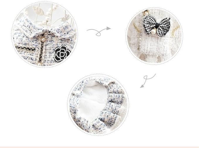 Pet Dress with Pearl Buttons, White Tweed with Black Bow and Rose Embellishments, Small Dog and cat Princess Outfit (White, X-Large)
