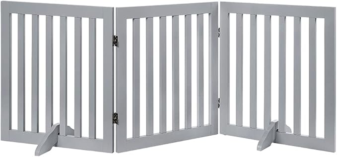 unipaws 24”H Free Standing Pet Gate for Dog, Wooden Dog Gates for Doorway, Stairs, Step Over Foldable Pet Fence for The House, Expandable Dog Barrier, Indoor Use, Grey